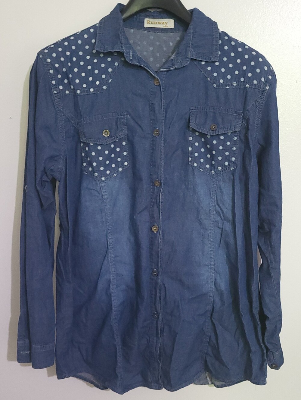 Runway Paris Polka Dot Denim Button Shirt Size L